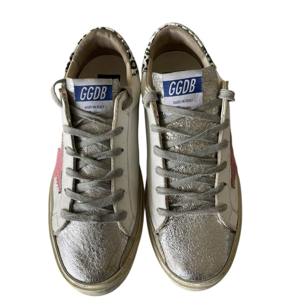 Golden Goose White Sneakers with Pink Star & Leopard Heel - Picture 2 of 10